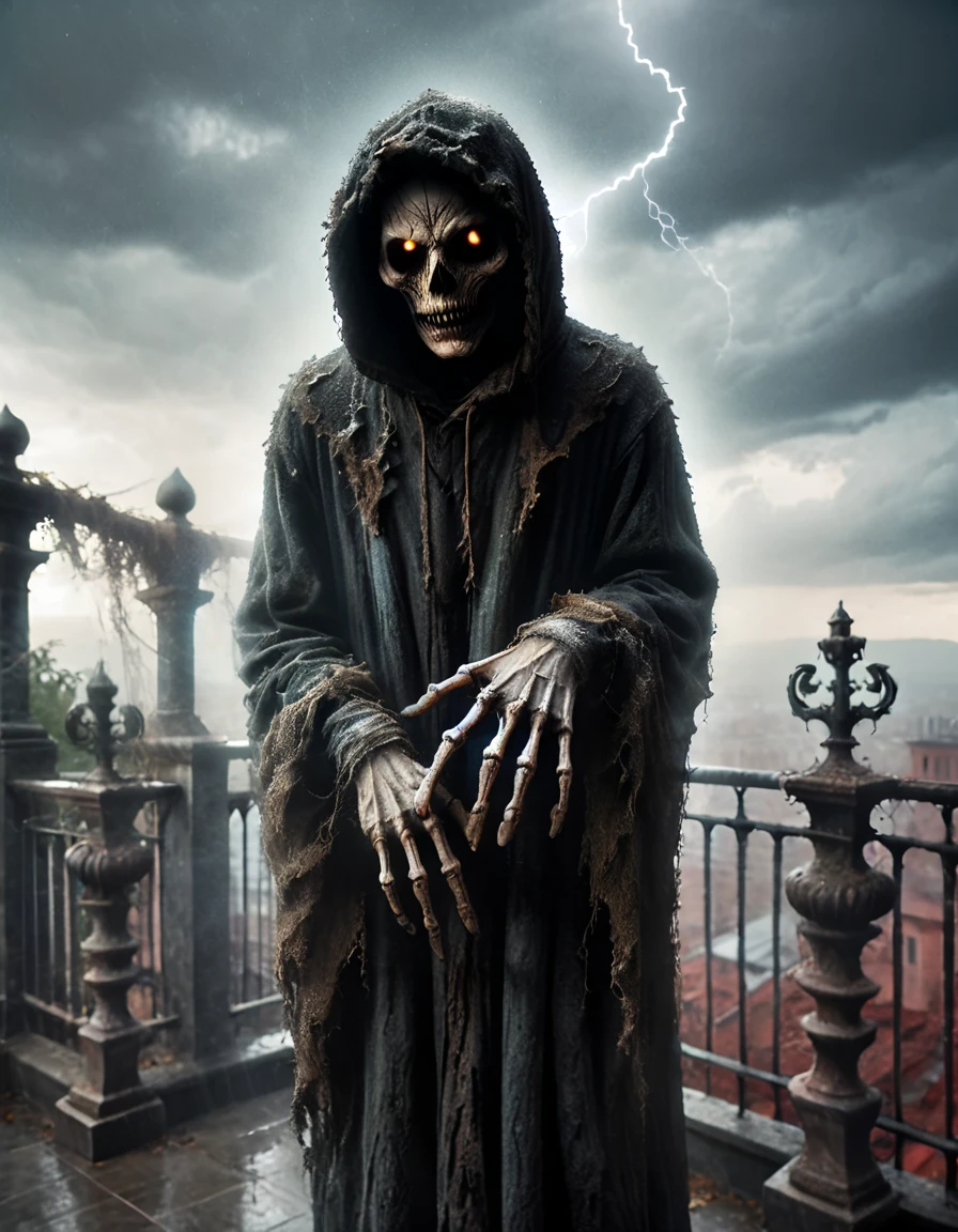 ral-hrthtr hooded apparition with bony hands, standing on rooftop terrace under stormy sky, wrought-iron railings, gargoyle statues, flashes of lightning illuminating skeletal face, fog swirling
<lora:ral-hrthtr-sdxl:1>