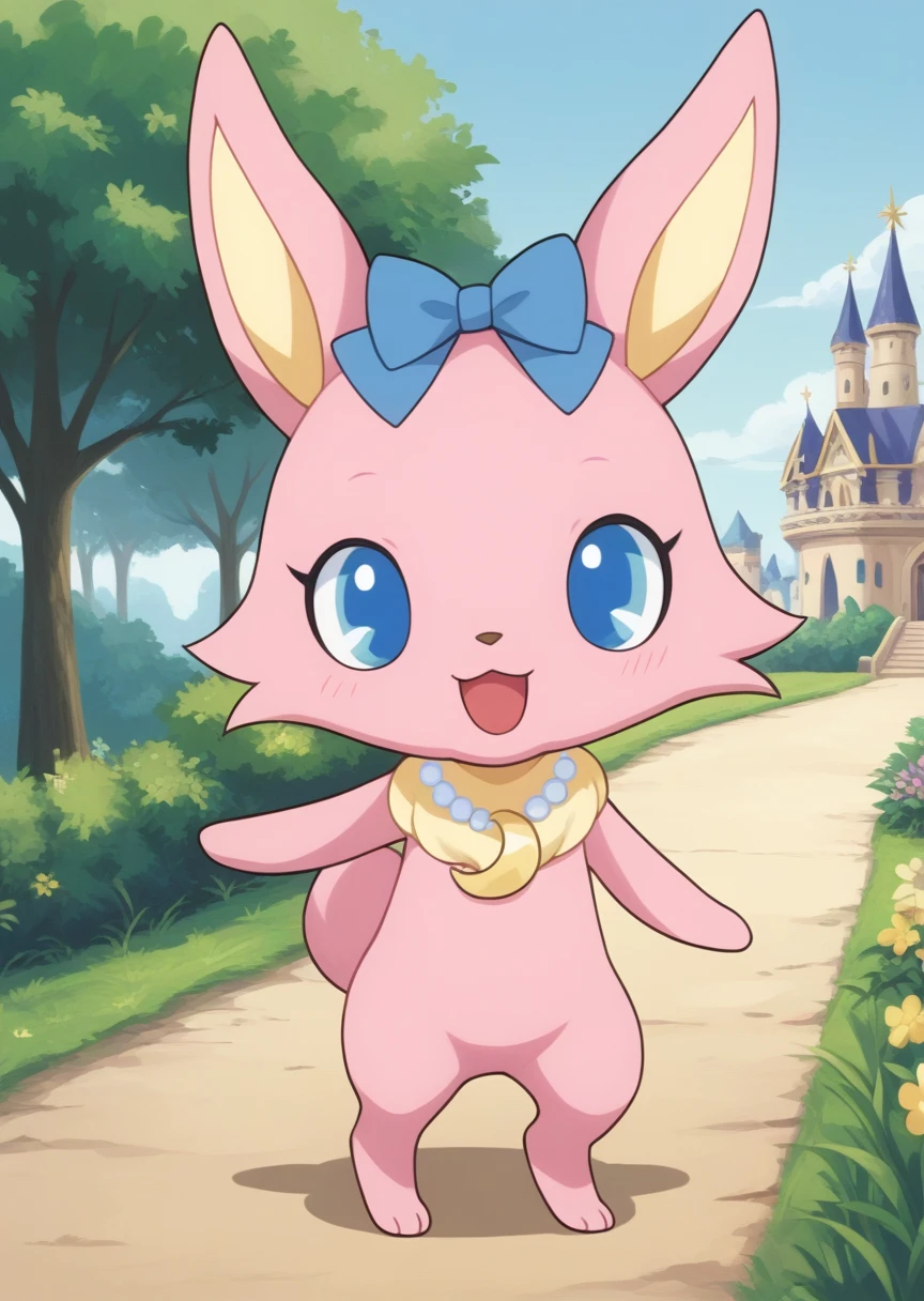 score_9, score_8_up, score_7_up, score_6_up, score_5_up, BREAK
Lun4, anthro, female, Jewelpet, solo, blue eyes, bow, jewelry, standing, full body, hair bow, necklace, gradient, no humans, castle, crescent, smile, happy, pink fur, looking at viewer, open mouth, park