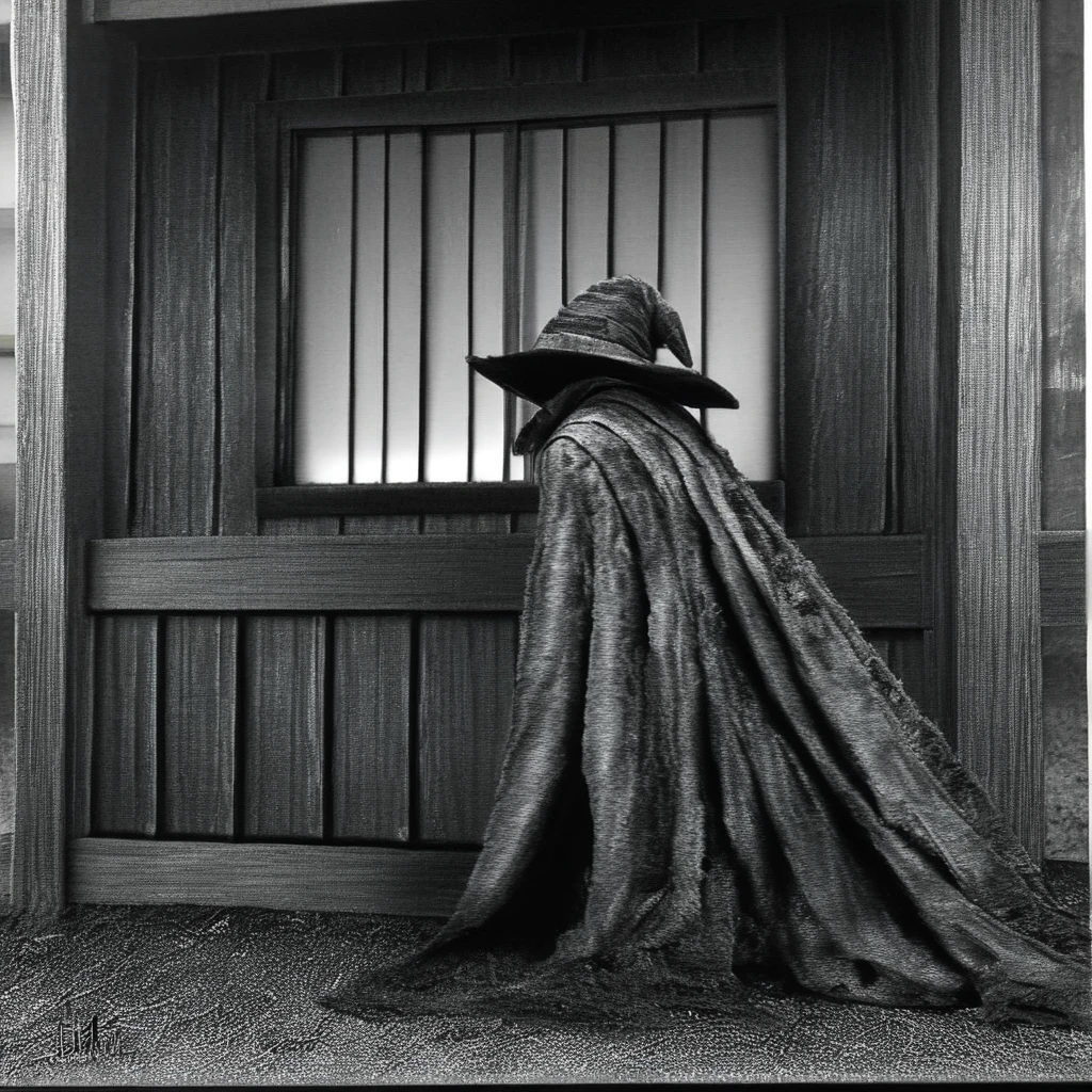 monster, cloak, window, hat, monochrome, outdoors, chair, realistic, cape, traditional media, fence, pantyhose, from side