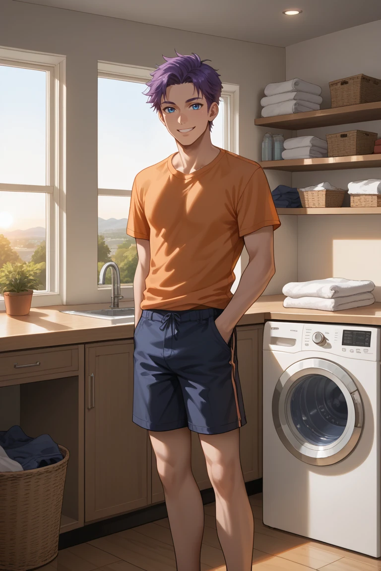 score_9, score_8_up, score_7_up, source_anime, rating_safe, afternoon, sunset, orange theme, natural lighting, male focus, shirt, shorts, casual clothes, purple hair, blue eyes, smiling, posing, 1boy, laundry room focus, CandiLR, 1stclutter, 2ndclutter, 3rdclutter, 4thclutter, negative space, scenery, intricately detailed illustration, depth of field, atmospheric perspective, realistic shading