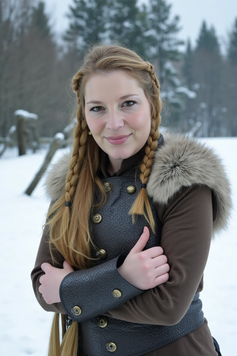 Aurora Snow is a long braided hair woman. She is a viking warrior wearing an armor and fur in the snow<lora:Aurora_Snow:0.9>