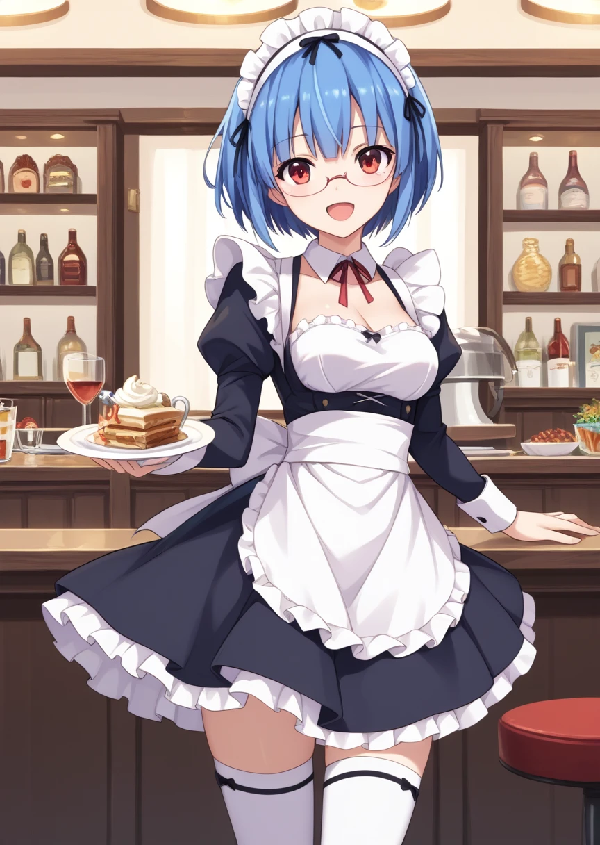 score_9, score_8_up, score_7_up, score_6_up, score_5_up, BREAK
s4ra, human, female, 1girl, solo, short hair, open mouth, red eyes, blue hair, hairband, glasses, , cafe, maid dress, maid headdress, thighhighs, standing, upper body, smile, happy