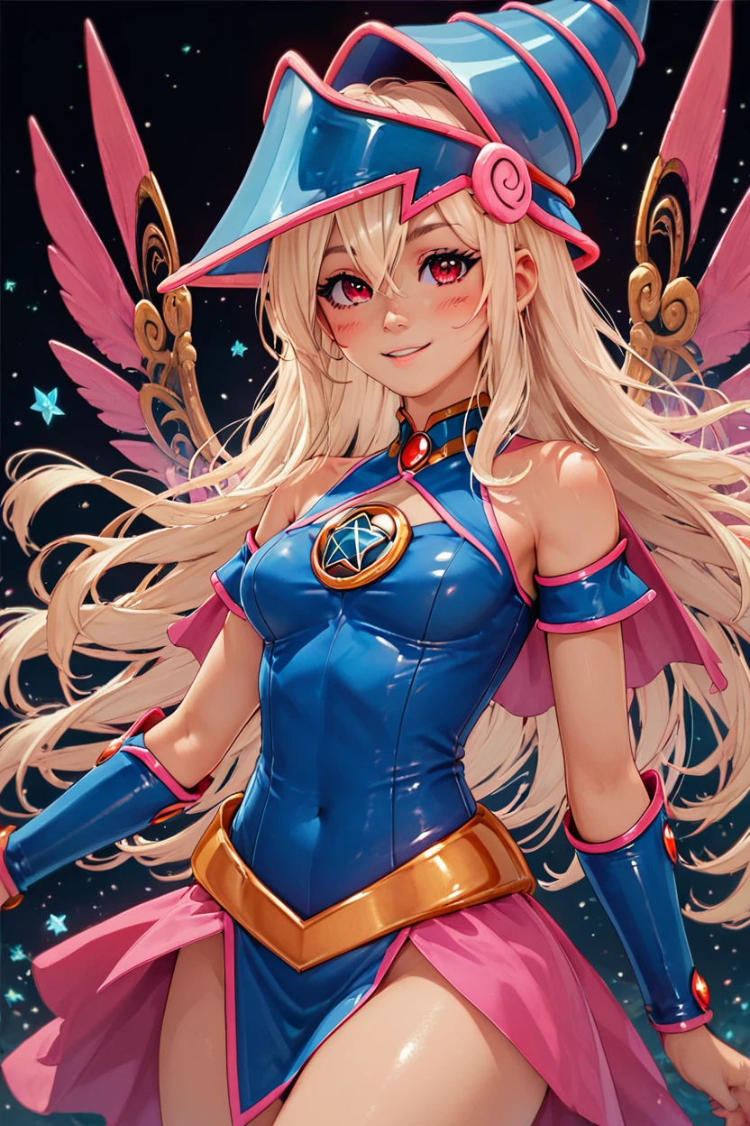 score_9, score_8_up, score_8, large breasts, (curvy), cute, eyelashes,       ,,, , ,,, zzPrismagicCitronOC, hair between eyes, red eyes, blonde hair, long hair, blue headwear, wizard hat, bare shoulders, detached sleeves, pentacle, dress, blush stickers,  <lora:Prismagic_CitronOC_PDXL:0.8>,     ,,,, BREAK, smile, looking at viewer, cowboy shot, ,,, embedding:zPDXL, <lora:Hyperdriver_PDXL_v3:0.5>,