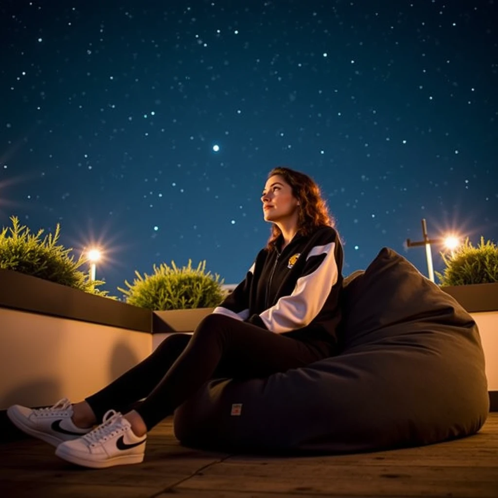 cinematic, masterpiece, ultra detailed textures and colors, 8k, a beautiful woman in a nighttime shoot on a rooftop terrace, where she sits on a bean bag, gazing at the stars. Dressed in a black and white hoodie and black high-waisted pants, her hair is styled in loose waves. Use fairy lights for soft, twinkling illumination around her, creating a magical ambiance. Capture this with a low-light lens to enhance the stars in the background, evoking a sense of wonder and introspection..,bshp,bbriggs,bshbrs