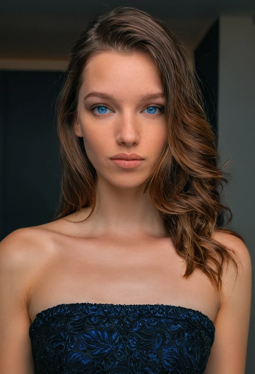 fashion photography, A (portrait, upper body focus) photograph of (1girl, 21 years old, slight smile, <lora:ZH_MissBoArblic_v1SDXL:1>, zh_missboabrlic, solo, long hair, realistic, brown hair, looking at viewer, lips, blue eyes) wearing (black dress, bare shoulders, makeup, strapless dress)