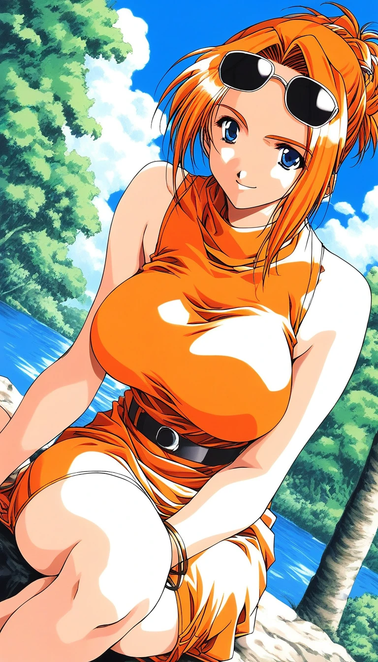 score_9, score_8_up, score_7_up, source_anime, rating_explicit, BREAK <lora:Kanou_Makoto_XL:1>Kanou_Makoto, blue eyes, orange hair, 1990s (style), large breasts,
day, outdoors, sleeveless, jewelry, bracelet, smile, dutch angle, sunglasses, eyewear on head, tree, solo focus, sky, short hair, shirt, looking at viewer, brown hair, orange shirt,
1990s (style), sitting, sleeveless shirt, turtleneck, 1girl, bare shoulders,