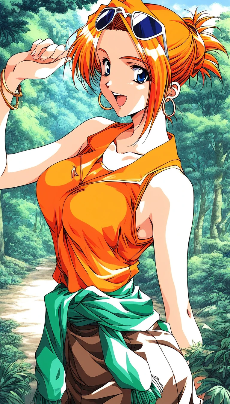 score_9, score_8_up, score_7_up, source_anime, rating_explicit, BREAK <lora:Kanou_Makoto_XL:1>Kanou_Makoto, blue eyes, orange hair, 1990s (style), large breasts,
1girl, solo, nature, clothes around waist, eyewear on head, 1990s (style), sunglasses, tree, outdoors, earrings, orange shirt, jewelry, looking back, shirt, sleeveless, retro artstyle, open mouth, smile, hoop earrings, day, short hair, looking at viewer