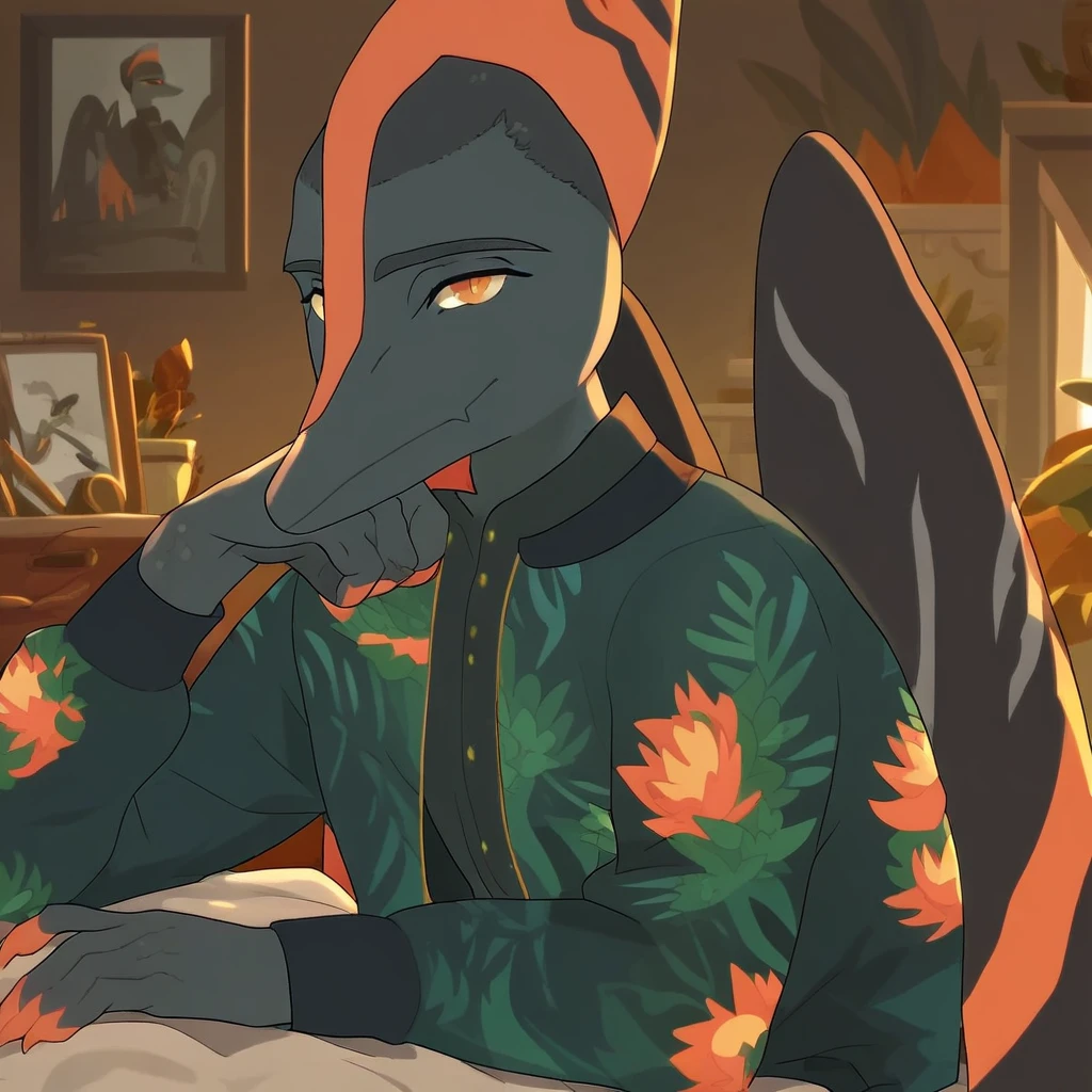 naser, head fin, chin fin, orange fingertips, striped wings, 1boy, score_9, score_8_up, score_7_up, score_6_up, masterpiece, high quality, solo, rating_safe, source_furry, indoors, laying on bed, floral jacket, looking at viewer