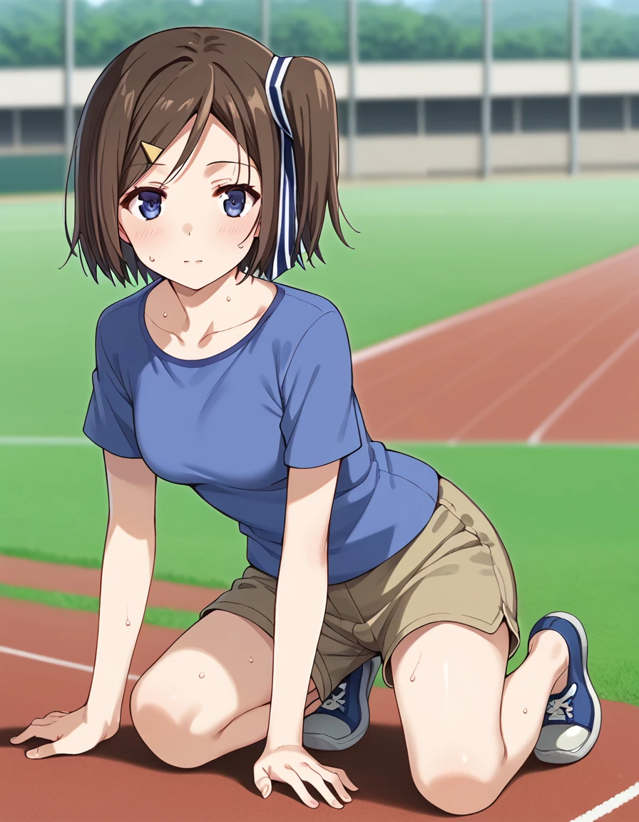 score_9, score_8_up, score_7_up, source_anime, BREAK
1girl, solo, looking at viewer, blurry background, outdoors, track field, full body, sweat, towel on neck,
hatsuna wakabayashi, short hair, one side up, side ponytail, hairclip, hair ribbon, dark blue eyes,
casual outfit, collarbone, blue shirt, short sleeves, brown shorts, sneakers,
from behind, 
<lora:hatsuna_wakabayashi_anime-soralz:1>