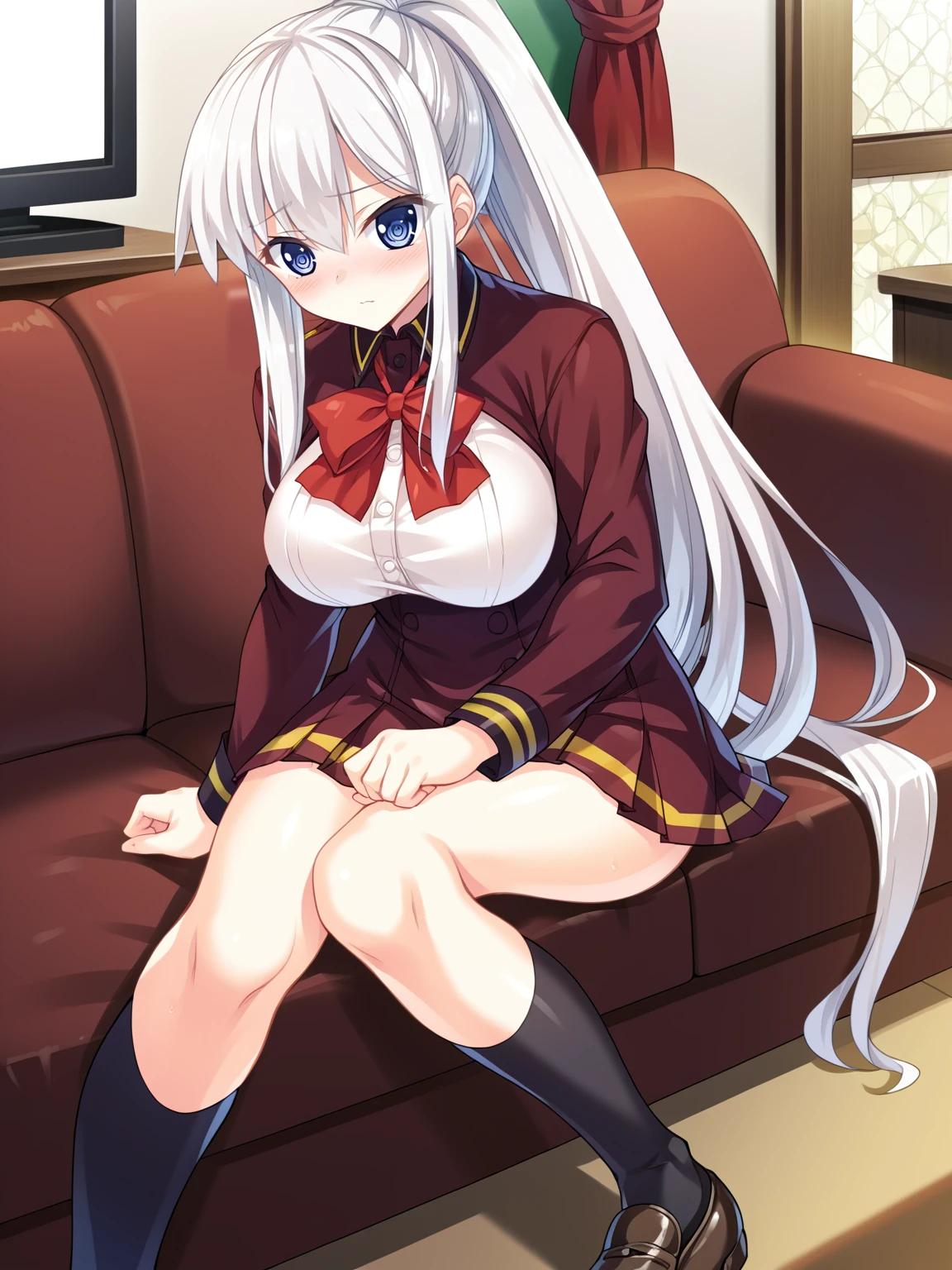 (masterpiece, best quality), 1 beautiful girl, cat ears, Smile, slim, (Uniforms:1.1), (Detailed beautiful eyes), paw mittens, bedroom, Spread your legs indoors,Expose the vagina,No cover, no underwear, no underwear