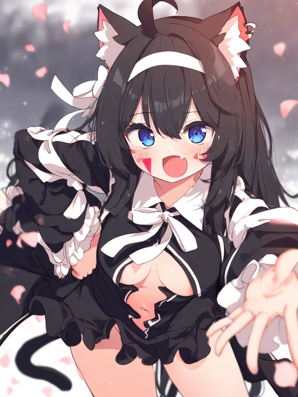 Score_9, Score_8_up, Score_7_up, Score_6_up, Score_5_up, Score_4_up, 1girl, karyl, animal ear fluff, animal ears, black hair, black ribbon, cat ears, cat girl, cat tail, fang, green eyes, hair bow, long hair, low twintails, multicolored hair, purple bow, ribbon, skin fang, streaked hair, tail, twintails, vertical stripes, white hair, cum on face, penis, happy