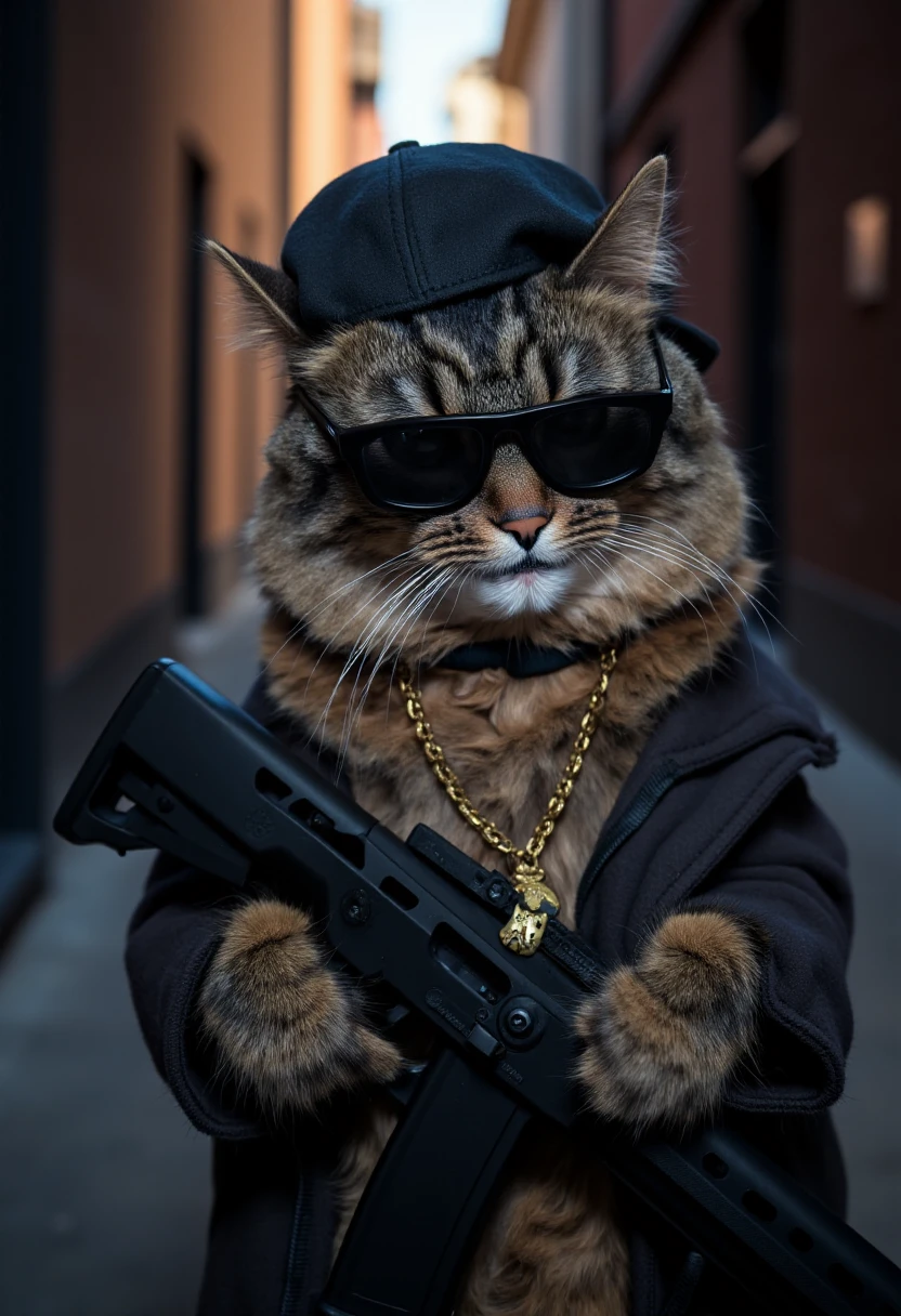 <lora:Allie_-_My_Cat_FLUX:1.0>
photograph of a fluffy, medium-sized cat named Allie with a mottled coat featuring dark brown and black tabby stripes holding a gun and wearing a black baseball cap, sunglasses and gold chain with a golden cat head in a dark alley.