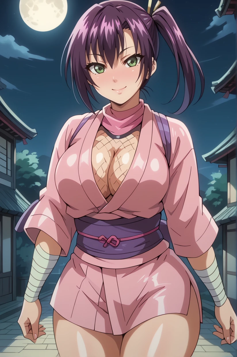moon, night sky, outdoors, standing, smile <lora:MKKuuNSLT:1> KuuMK, KuuShinobi, long hair, side ponytail, ponytail, purple hair, green eyes, large breasts, ninja, solo, cleavage, fishnets, bandages, short kimono, pink kimono, curvy, 16k, masterpiece, absurdes, highly detailed, highres, high quality, best quality, score_9, score_8_up, score_7_up, score_6_up, shiny, shiny skin, shiny hair, shiny clothes