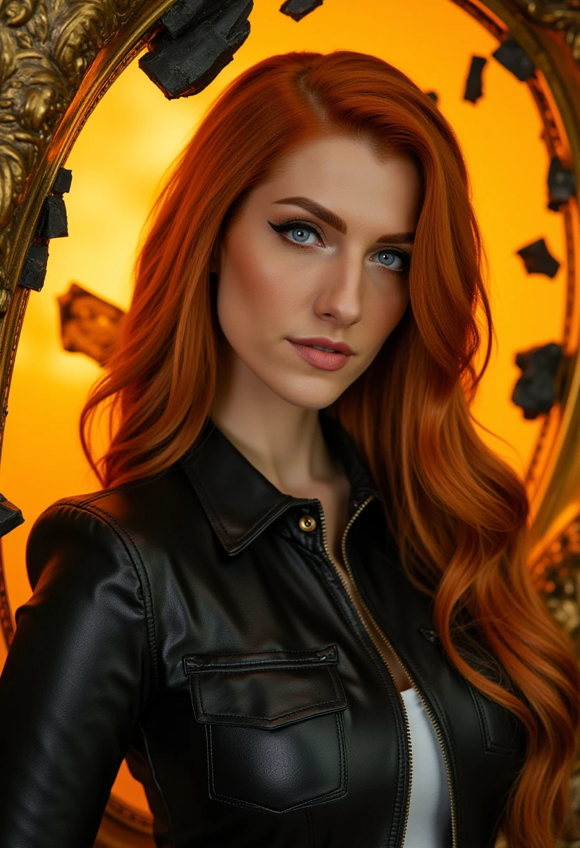 This image is a highly detailed photograph depicting a woman with striking features. She has long, wavy red hair that cascades over her shoulders, and her expression is intense and slightly stern. She has fair skin and sharp, defined facial features, including high cheekbones, dark eyebrows, and full lips. Her eyes are a striking shade of blue, and she wears a black, high-collared jacket over a white blouse, accentuating her slender frame. The jacket has a glossy, almost leather-like texture, with a slightly reflective quality that adds depth to the image. 

The background is a warm, golden hue with fragments of what appears to be a broken frame or shattered glass, suggesting a sense of destruction or chaos. The shattered pieces are scattered around the woman, adding to the dramatic effect. The overall composition draws the viewer's attention to the woman's face and the dynamic, broken frame behind her, creating a powerful and evocative scene. The photographer's use of light and shadow enhances the three-dimensional quality of the image, making it appear almost sculpted.