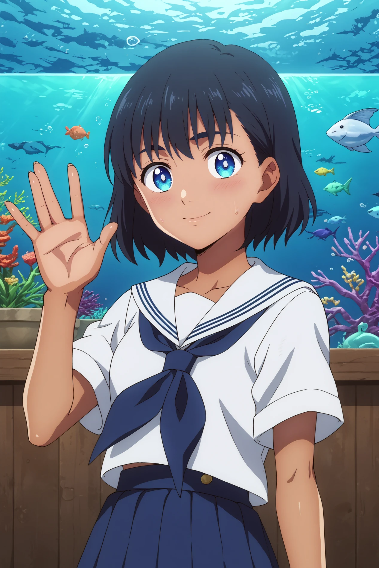  mio kofune,1girl,solo,short hair,school uniform,shirt,serafuku,dark skin,dark-skinned female,white shirt,closed mouth,skirt,white sailor collar,standing,,smile,upper body,looking at viewers,waving  BREAK ruanyi1155,aquarium,indoors,underwater    <lora:Mio_Kofune_-_Summer_Time_Rendering.safetensors:0.8> <lora:detailed_backgrounds_v2.safetensors:0.5> <lora:1155 aquarium_v1_pony.safetensors:1>