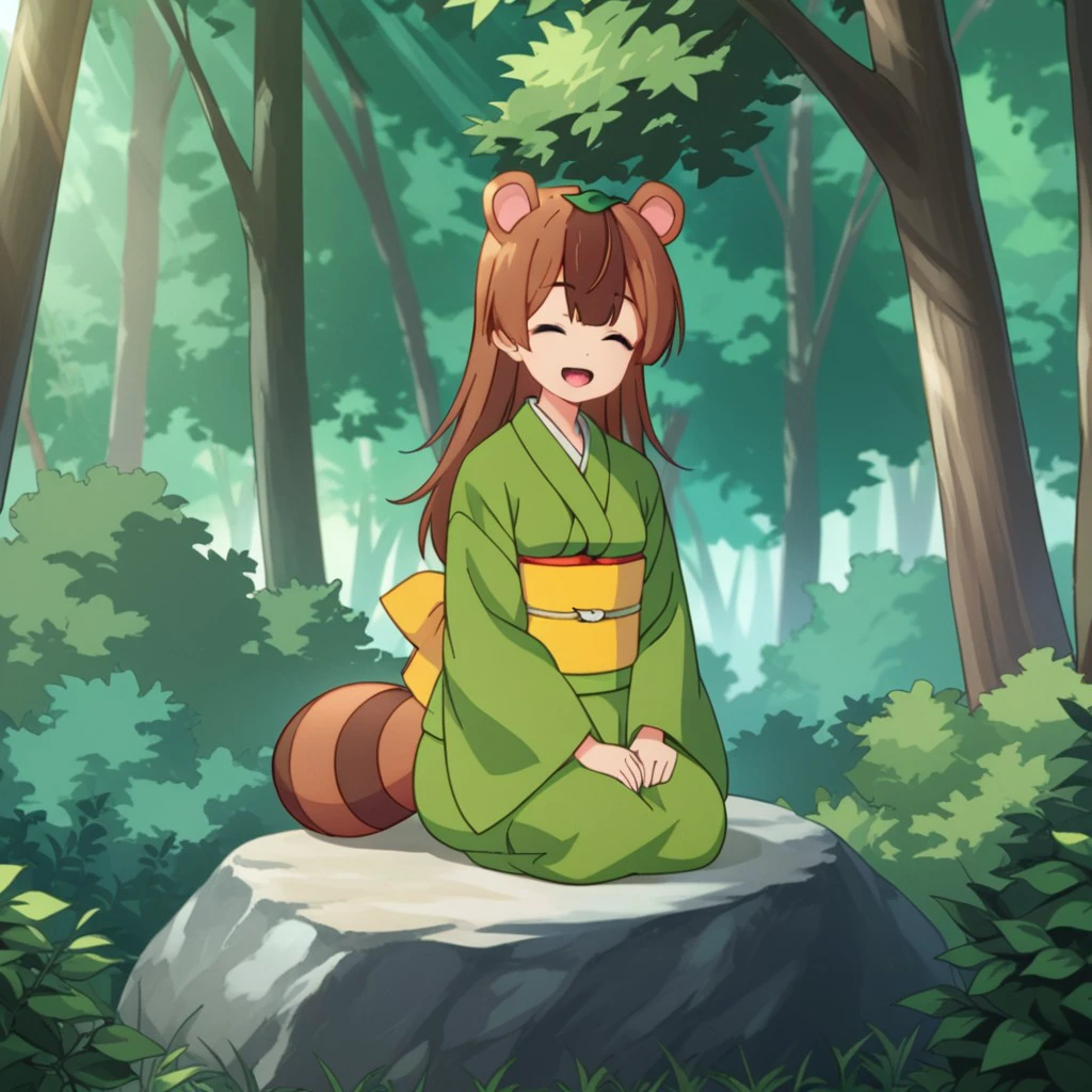 score_9, score_8_up, score_7_up, score_6_up, score_5_up, score_4_up, source_anime, mamedatan, human, female, brown hair, brown eyes, green kimono, 1girl, animal ears, japanese clothes, solo, kimono, sitting, seiza, tail, outdoors, multicolored hair, raccoon ears, brown hair, leaf on head, nature, closed eyes, raccoon tail, leaf, sash, obi, long hair, green kimono, open mouth, day, smile, forest, long sleeves, tree, sunlight, wide sleeves, two-tone hair, <lora:22dad5bf-46de-4cf4-9044-4800f87d16c9:0.7>