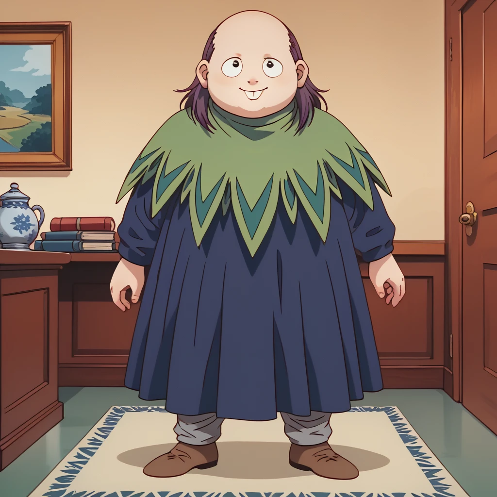 <lora:melody-000008:1> hxhsenritsu, 1girl, solo, smile, closed mouth, gnome, indoors, green capelet, purple dress, grey pants, brown shoes, standing, purple hair, bald, plump, score_9, score_8_up, score_7_up, score_6_up, score_5_up, score_4_up