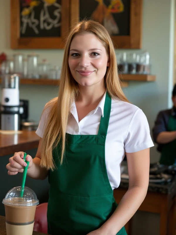 Aurora Snow is a long hair woman. She wears a starbucks uniform and serves coffee. Smiling<lora:Aurora_Snow:0.9>