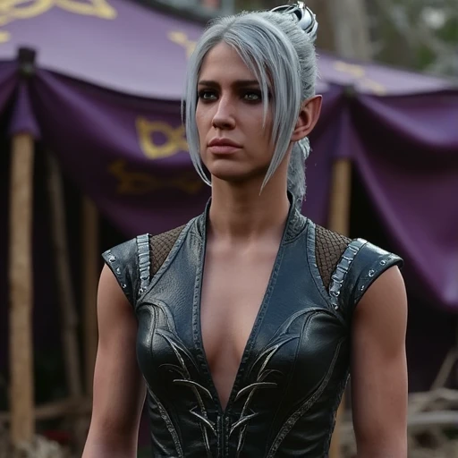 Full-body shot of a female warrior-mage with silver hair tied back loosely, dressed in a dark, fitted leather vest with a deep V-neckline and intricate vine-like patterns running down the torso. Her shoulders are accented with mesh panels and metallic stitching. She wears a calm, introspective expression, gazing into the distance as if deep in thought. The background features a medieval tent in shades of purple and gold, adding a sense of mystery and rugged elegance to the scene, as though set in a magical, nomadic encampment.