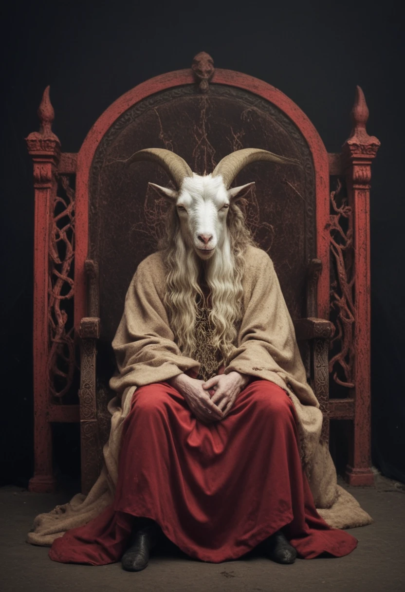 Satan with a goat's head sits on a throne