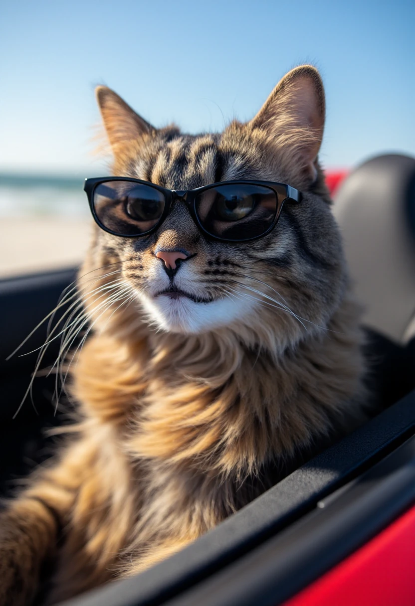 <lora:Allie_-_My_Cat_FLUX:1>
photograph of a fluffy, long-haired domestic cat named Allie driving a sports car on a beach, wearing sunglasses