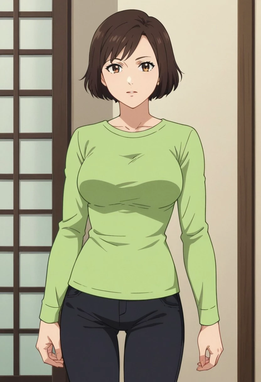 score_9, score_8_up, score_7_up, source_anime, anime screencap, ogawara, 1girl, solo, short hair, brown hair, bob cut, brown eyes, black hair, brown hair, shirt, long sleeves, pants, green long sleeves, black pants,  large breasts, sexy pose,