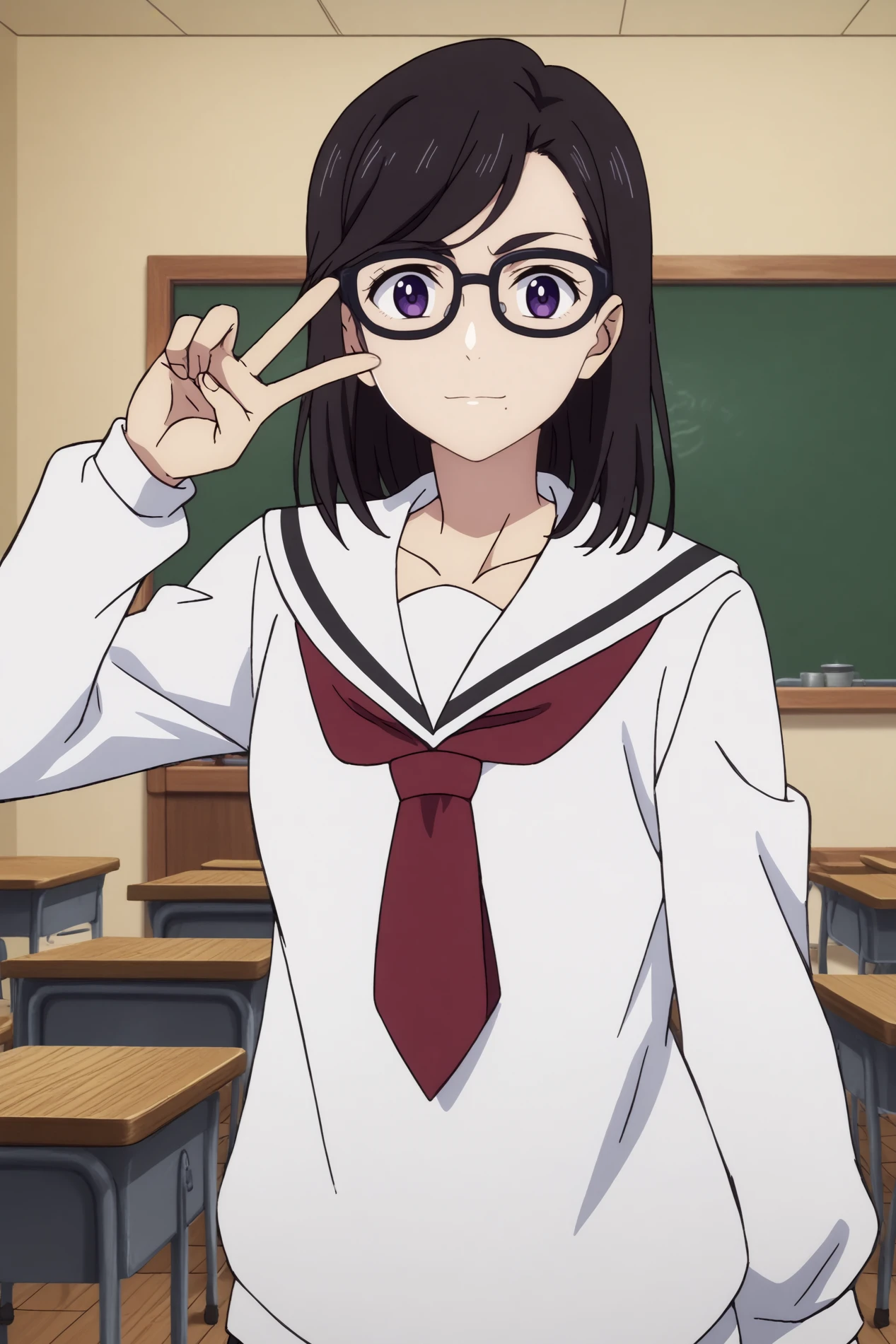  hizuru minakata,1girl,solo,glasses,breasts,serafuku,school uniform,white sailor collar, mole under mouth,long_hair, looking at viewer,black-framed eyewear,bangs,standing,peace sign,light smile  BREAK indoors,classroom,    <lora:Hizuru_Minakata_-_Summer_Time_Rendering.safetensors:0.8> <lora:detailed_backgrounds_v2.safetensors:0.5>