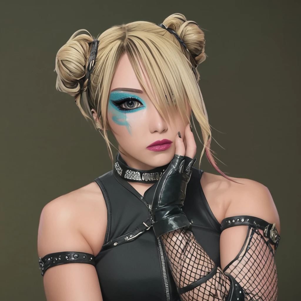 masterpiece,  best quality,   <lora:Pony_Kairi_Sane:1>, k@iri$ane, 1girl, solo, gloves, fingerless gloves, blonde hair, hair bun, makeup, hair over one eye, double bun, looking at viewer, brown eyes, fishnets, piercing, eyeshadow, multicolored hair, upper body, blue facepaint, facepaint