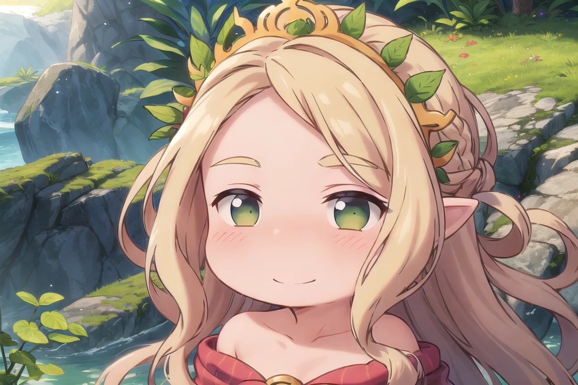 (masterpiece, best quality:1.3), beautiful,  anime visual,  2d,  hyperdetailed, 1girl, beautiful,  long hair, bangs, blonde hair, nature, scenery, light smile, sitting, sunset, sky,  floral print, floral crown, flower, (bloom, shiny), flower girl, looking at viewer, smile, laughing, floating hair, falling leaves, fantasy, elf, wavy hair, green eyes, 1girl,   game character concept,  jrpg,  800mm lens,  off shoulder, cloak, half updo, sharp focus, dress, depth of field,  volumetric lighting,  (stylish),  purple eyes,  (pinup:0.5),  multicolored theme,  forest, upper body, portrait,  volumetric lighting,  <lora:hakumiko-09:0.8>, (extremely detailed background:1.4)