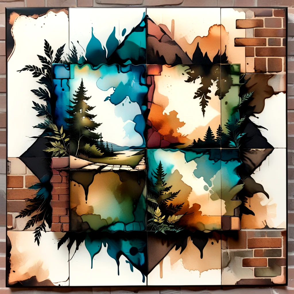 abstract nature print, , ink blots, alcohol ink, flannel, surrealism style, 3D Shadows, earth tones, brick pattern,  vignette effect, holographic accents, woven, fabric weave texture, opaque finish  <lora:artfully_4QUADKAOS:0.8>