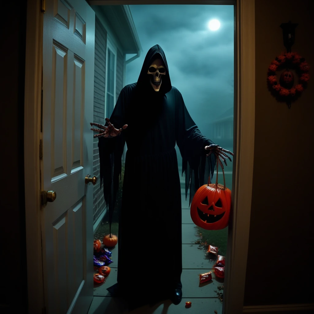 trick or treat, handing out candy, doorway, horror, bad end, grim reaper