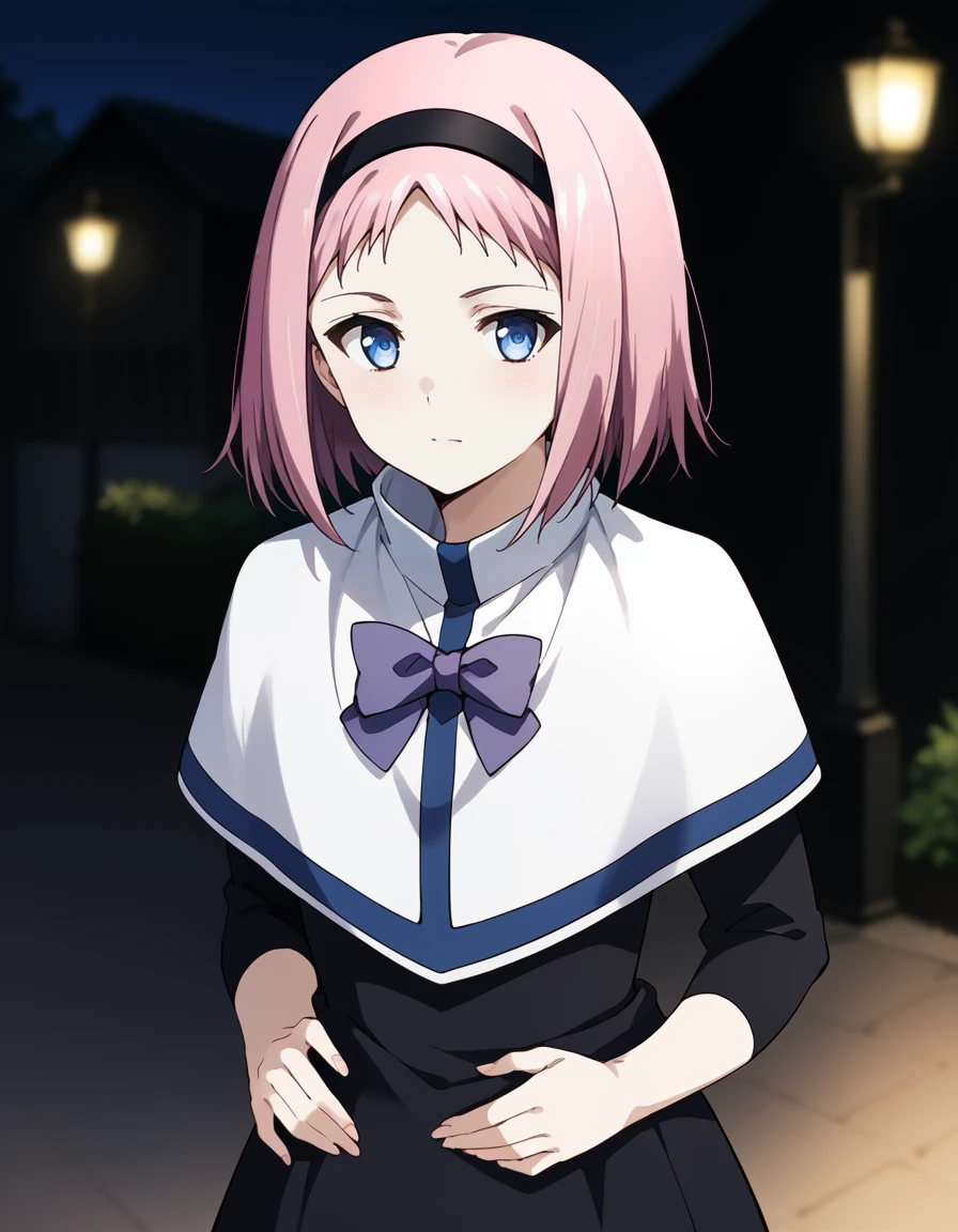 score_9, score_8_up, score_7_up, source_anime, BREAK
1girl, solo, looking at viewer, blurry background, cowboy shot, white wall, 
kazumi schlierenzauer, pink hair, short hair, black hairband, blue eyes,
school uniform, white capelet, purple bowtie, black dress, 
hands on waist,
<lora:kazumi_schlierenzauer_anime-soralz:1>,
<lora:DarkerThanDarkV0.8:0.7>, dark, night,