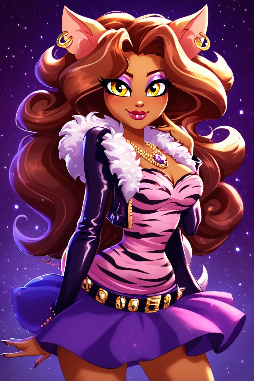 score_9, score_8_up, score_8, medium breasts, (curvy), cute, eyelashes,       BREAK, , zzClawdeen, long hair, brown hair, dark skin, animal ears, yellow eyes,  jewelry, earrings, makeup, lipstick, eyeshadow, jacket, skirt, belt, necklace, stripes, <lora:Clawdeen_MH_PDXL:0.8>,  , BREAK, smile, closed mouth, looking at viewer, cowboy shot, ,,, embedding:zPDXL, Expressiveh, ,,, <lora:Konpeto_PDXL_v3:1.0>, <lora:SDXLFaeTastic2400:0.5>, <lora:Expressive_H-000001:0.4>,