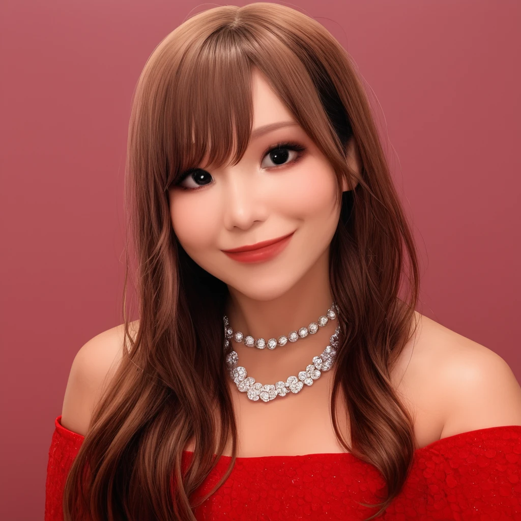 masterpiece,  best quality,   <lora:Pony_Kairi_Sane:1>,k@iri$ane, 1girl, solo, brown hair,, long hair, dress, looking at viewer, red dress, smile, upper body, realistic, pearl necklace, lips, black eyes, bare shoulders, bangs