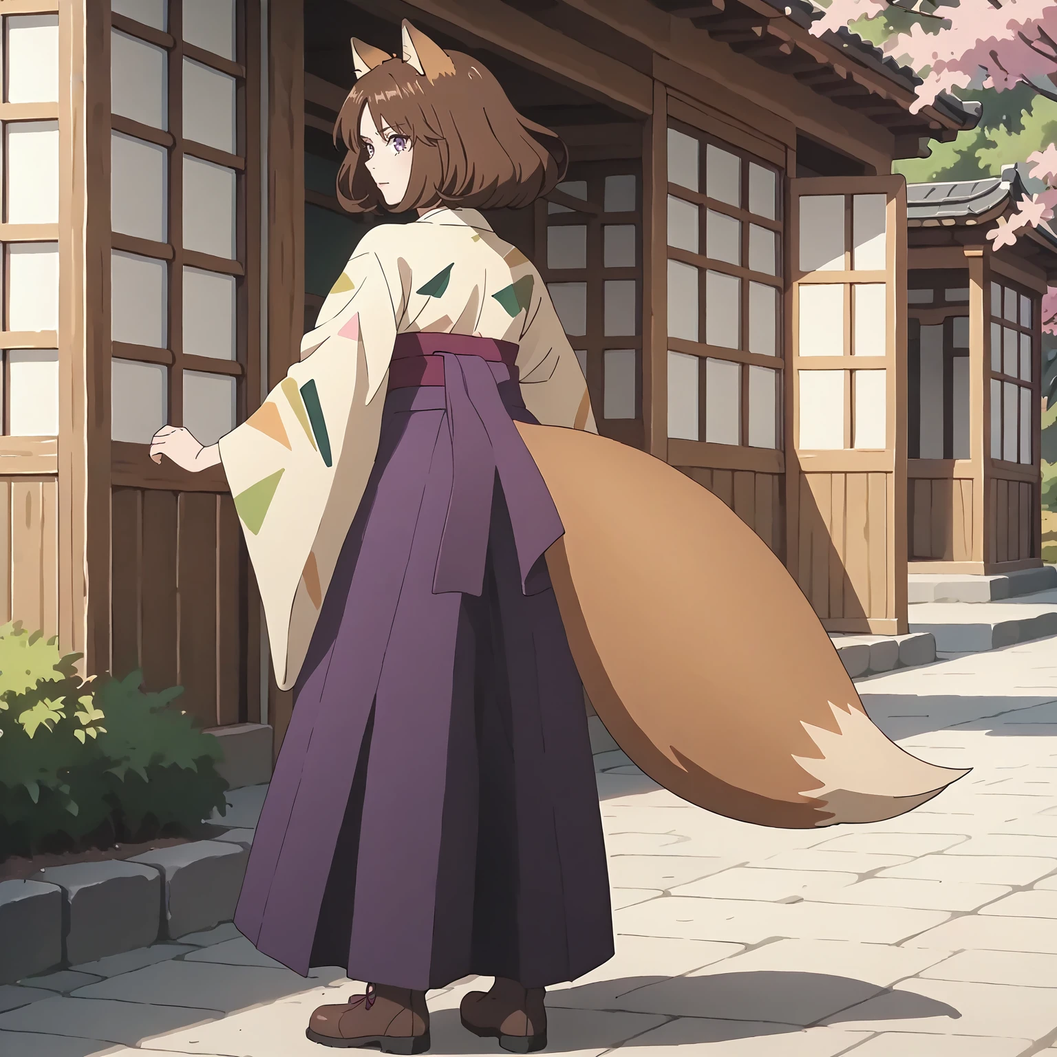 <lora:DG_Dongitsune2XLpony001>,
outdoors,
solo,
Dongitsune2,1girl,brown hair,medium hair,fox_ears,purple eyes,
japanese clothes,
purple hakama,
fox tail,
lace-up boots,
standing,looking back,