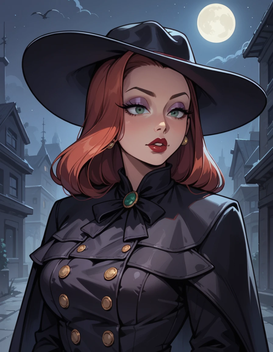 score_9, score_8_up, score_7_up, score_6_up, score_5_up, score_4_up, 1girl, jessica rabbit, solo, black headwear, hud_plagu3_doc, double-breasted black coat, buttons, black gloves, black capelet, facing viewer, hat, upper body, <lora:hud_plagu3_doc_XLP:0.8> , night, outdoors,