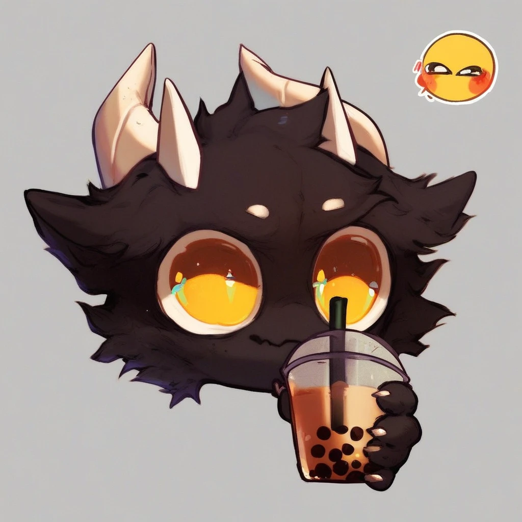 score_9_up, score_8_up, score_7_up, mikus-style, emoji, stickers, black fur, dragon, white horns, yellow eyes, holding, bubble tea