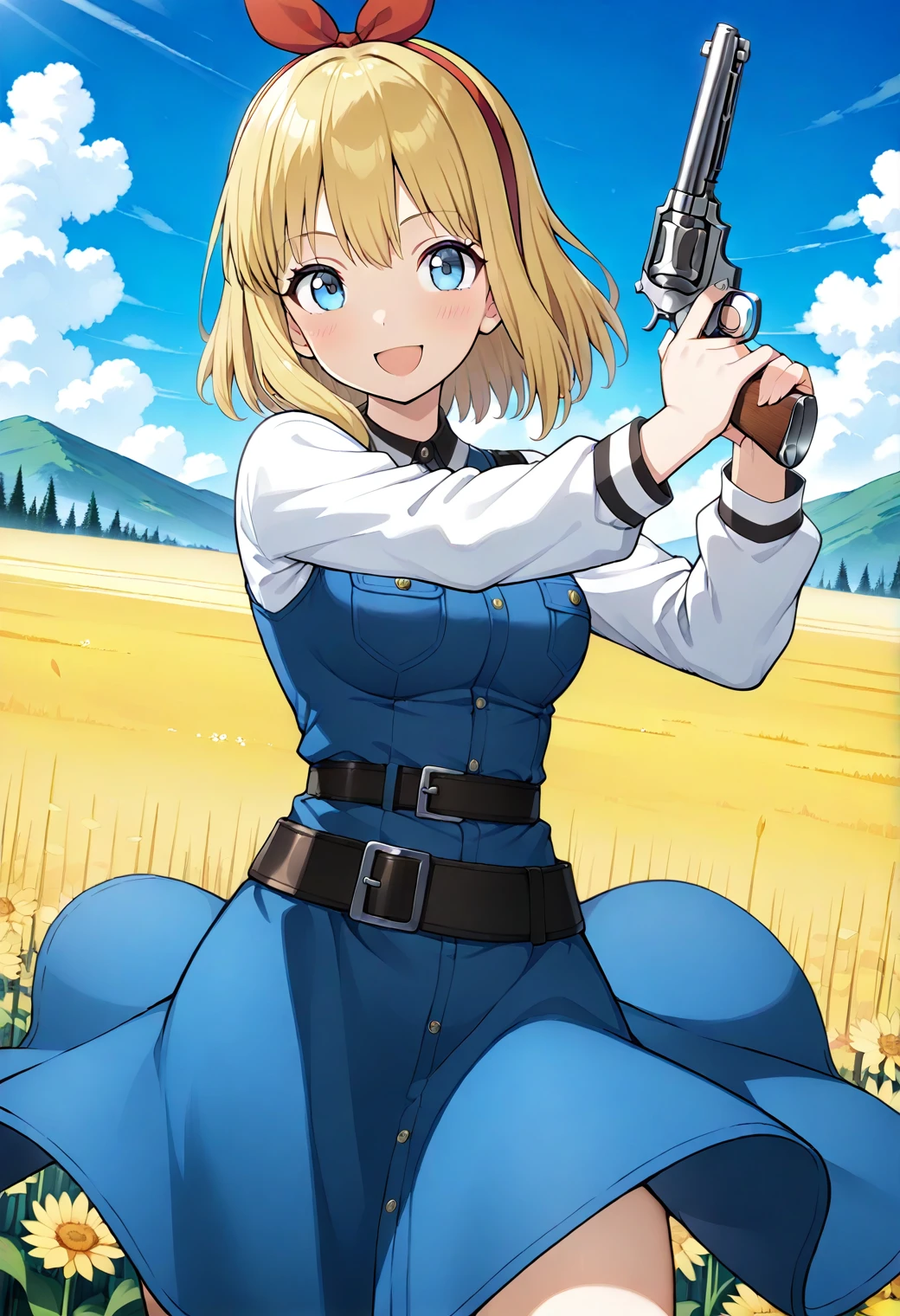 1girl, solo, (field:1.2), (blue sky:1.2), smile, (cowboy shot, dynamic pose:1.2), revolver, holding gun,
phoebe_oakley, blue eyes, blonde hair, short hair, red hairband, red bow, white shirt, blue dress, long sleeves, belt, <lora:phoebe_oakley_illustrious_ver1:0.8>, masterpiece, best quality, general,