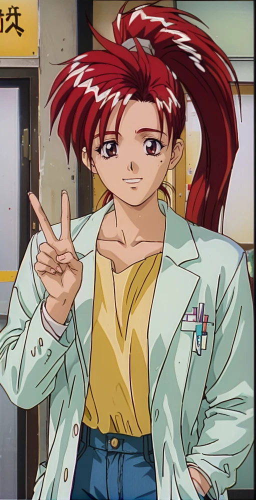 <lora:Reiko_Yoshinaga_Angel_of_Darkness_2_æ·«ç£æå¸«:1>reikoaod, 1girl, red hair, long hair, 1990s (style), retro artstyle, ponytail, labcoat, facing viewer, jeans, shirt, collarbone, long sleeves, wide smile, peace sign,