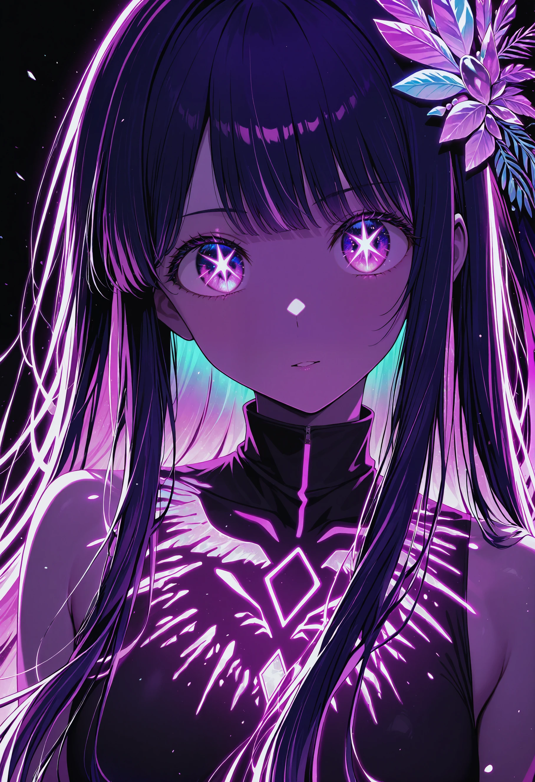 fern (/oshi no ko/), beast_quality,masterpiece,8k, limited palette,black background,colorful,vibrant,glowing outline,neon,blacklight,looking at viewer,