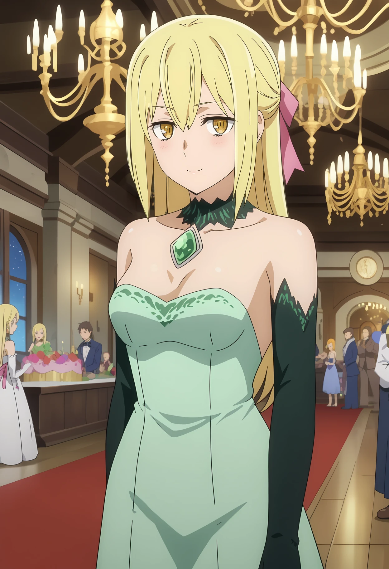 score_7_up, anime screencap,
<lora:DanMachi_AizWallensteinXL:0.9>,
1girl, solo, closed mouth, light smile,
long hair, blonde hair, hair between eyes, yellow eyes,
AisDress, hair ribbon, pink ribbon, detached collar, strapless dress, green dress, green gem, elbow gloves, black gloves,
standing, looking at viewer,
indoors, party, chandelier, medieval