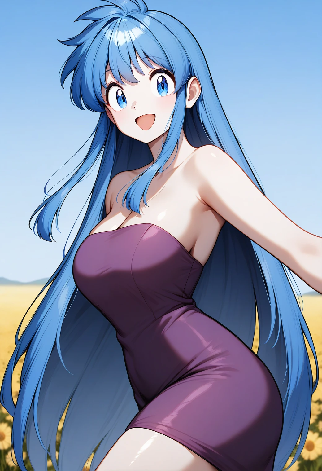 smile, open mouth, 
okinu-chan, blue eyes, blue hair, sidelocks, long hair, cleavage, bare shoulders, purple dress, short dress, strapless dress, tube dress, <lora:gs_okinu-chan_illustrious_ver1:0.8>, masterpiece, best quality, general,, 1girl, solo, (field:1.2), (blue sky:1.2), looking at viewer,, (cowboy shot, dynamic pose:1.2),