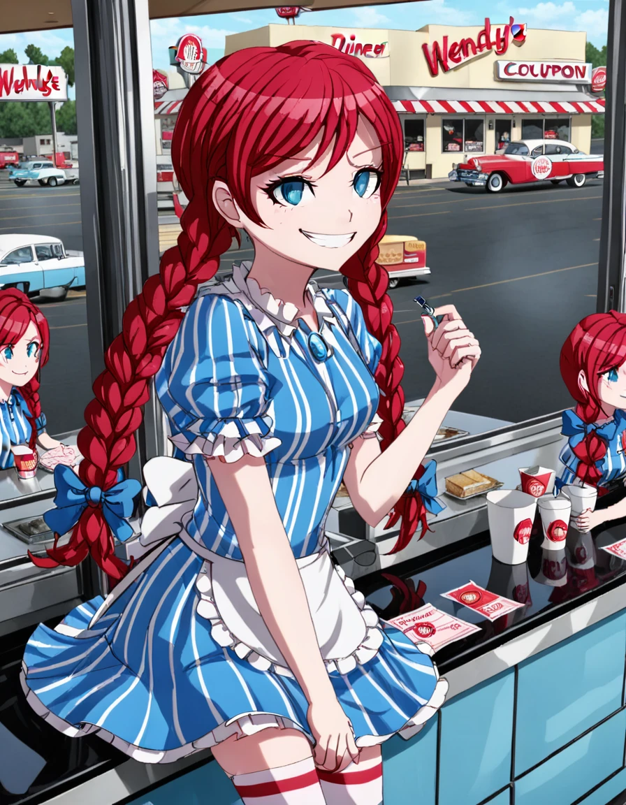 ((solo)), <lora:Smug_Wendy_SDXL:1>,<lora:Tsumugi_Shirogane_SDXL:1>,  This is an anime screencap from Danganronpa 3.  ,(((blue eyes))),Wendy Thomas has red hair styled in pigtails with blue bows at the end of her braids. She is wearing a white and blue striped dress with puffed sleeves. Wendy is smiling smugly and smugness is obvious in her affect. She is also wearing red and white striped thigh high socks. Smug Wendy sits at a vintage diner counter, but instead of eating, she's building a house of cards using competitors' coupons. Her signature smirk suggests she knows exactly how precarious the structure is. Her blue dress reflects in the polished chrome of the counter, and her red pigtails are styled with small paper clip accessories. The background shows a busy modern Wendy's restaurant through the window, contrasting with the retro diner setting.