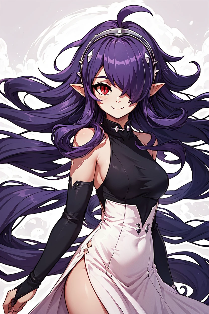 score_9, score_8_up, score_8, medium breasts, (curvy), cute, eyelashes,       ,,, , ,,, zzAsuramaru, long hair, pointy ears, hair over one eye, ahoge, red eyes, purple hair, very long hair, hairband, backless dress, dress slit, bridal gauntlets,  <lora:Asuramaru_OwariSeraph_PDXL:1.0>,  ,,,, BREAK, <lora:Hyperdriver_PDXL_v5:0.8>, ,,, BREAK, smile, looking at viewer, cowboy shot, embedding:zPDXL,