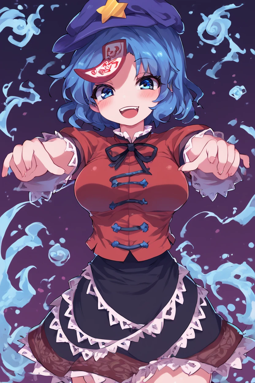 score_9, score_8_up, score_8, medium breasts, (curvy), cute, eyelashes,       ,,, , ,,, zzMiyako, blue eyes, blue hair, short hair, jiangshi, pale skin,  hat ornament, ofuda, star hat ornament, zombie pose, outstretched arms, skirt, shirt <lora:MiyakoYoshika_Touhou_PDXL:1.0>,     ,,,, BREAK, smile, looking at viewer, cowboy shot, ,,, embedding:zPDXL, Expressiveh, ,,, <lora:Zankuro_Style_PDXL:0.8> <lora:SDXLFaeTastic2400:0.5>, <lora:Expressive_H-000001:0.4>,