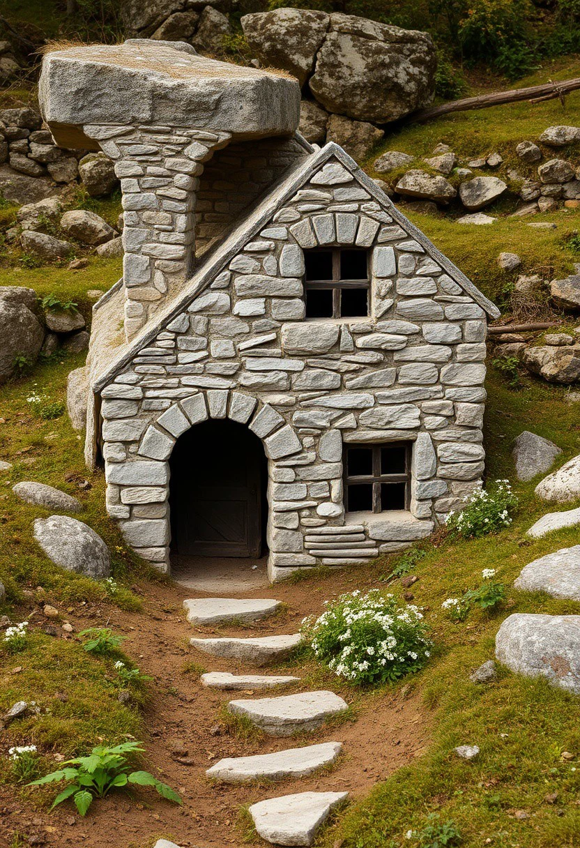 stone house realistic style, merging with the environment, dug into the ground on scats