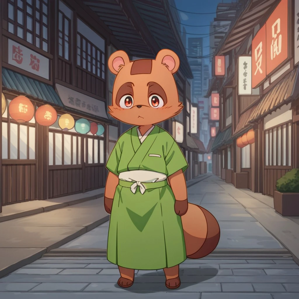 score_9, score_8_up, score_7_up, score_6_up, score_5_up, score_4_up, source_furry, mamedatan, young anthro, female, tanuki, brown fur, standing, city, green kimono, <lora:22dad5bf-46de-4cf4-9044-4800f87d16c9:0.7>