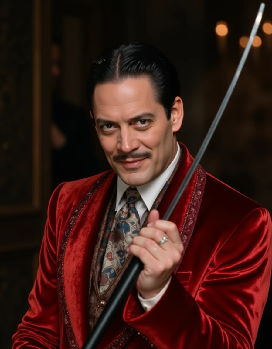 <lora:Gomez_Addams_Flux:1>  beautiful detailed photograph, man with slick black hair, mustache, wearing a red smoking jacket, tie, holding a fencing foil, smiling