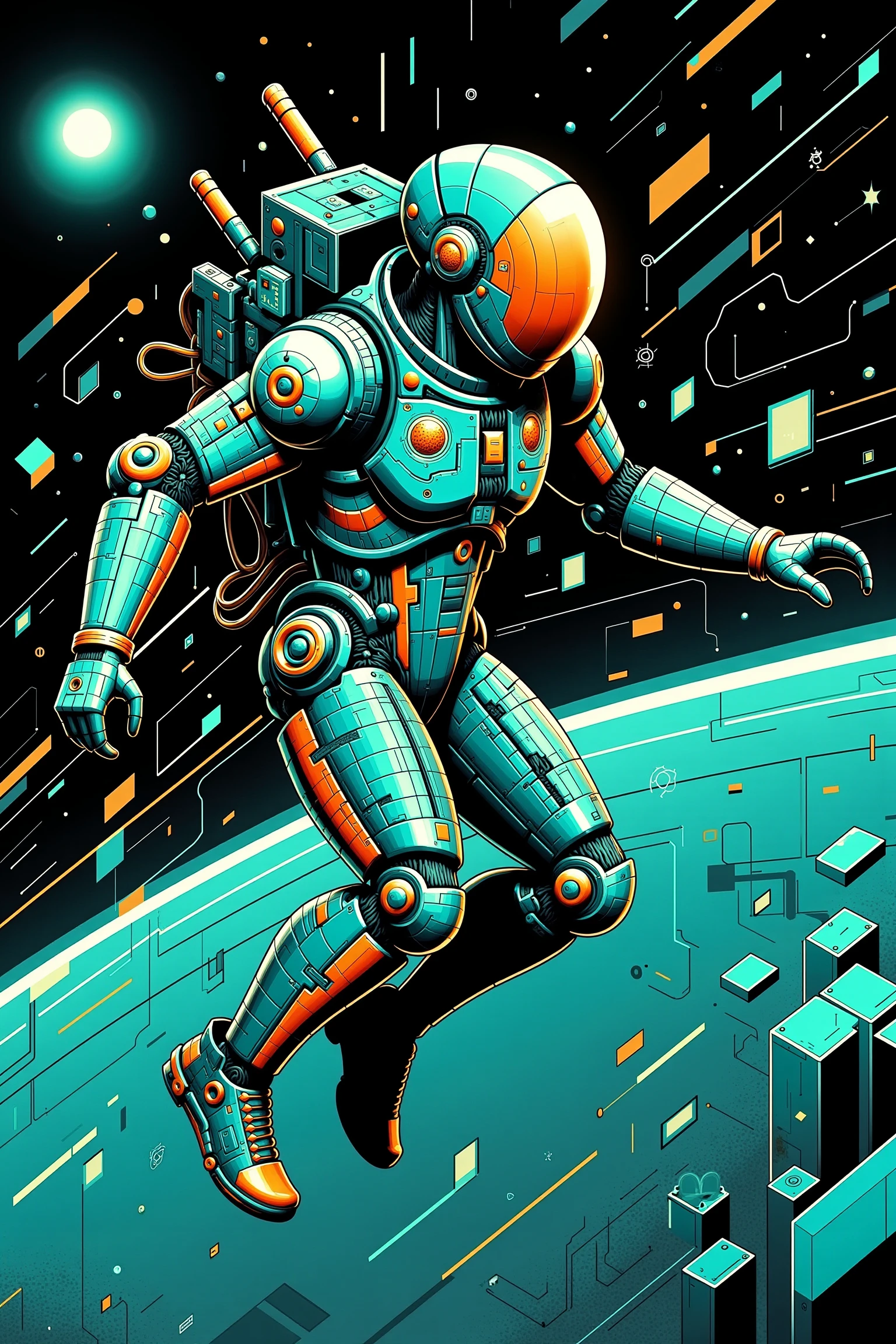 mad-cbpk-cubism astronaut floating in space, scifi, dynamic pose, squares and lines in the background, painting <lora:neon-cyberpunk-cubism-flux-000009:1.2>