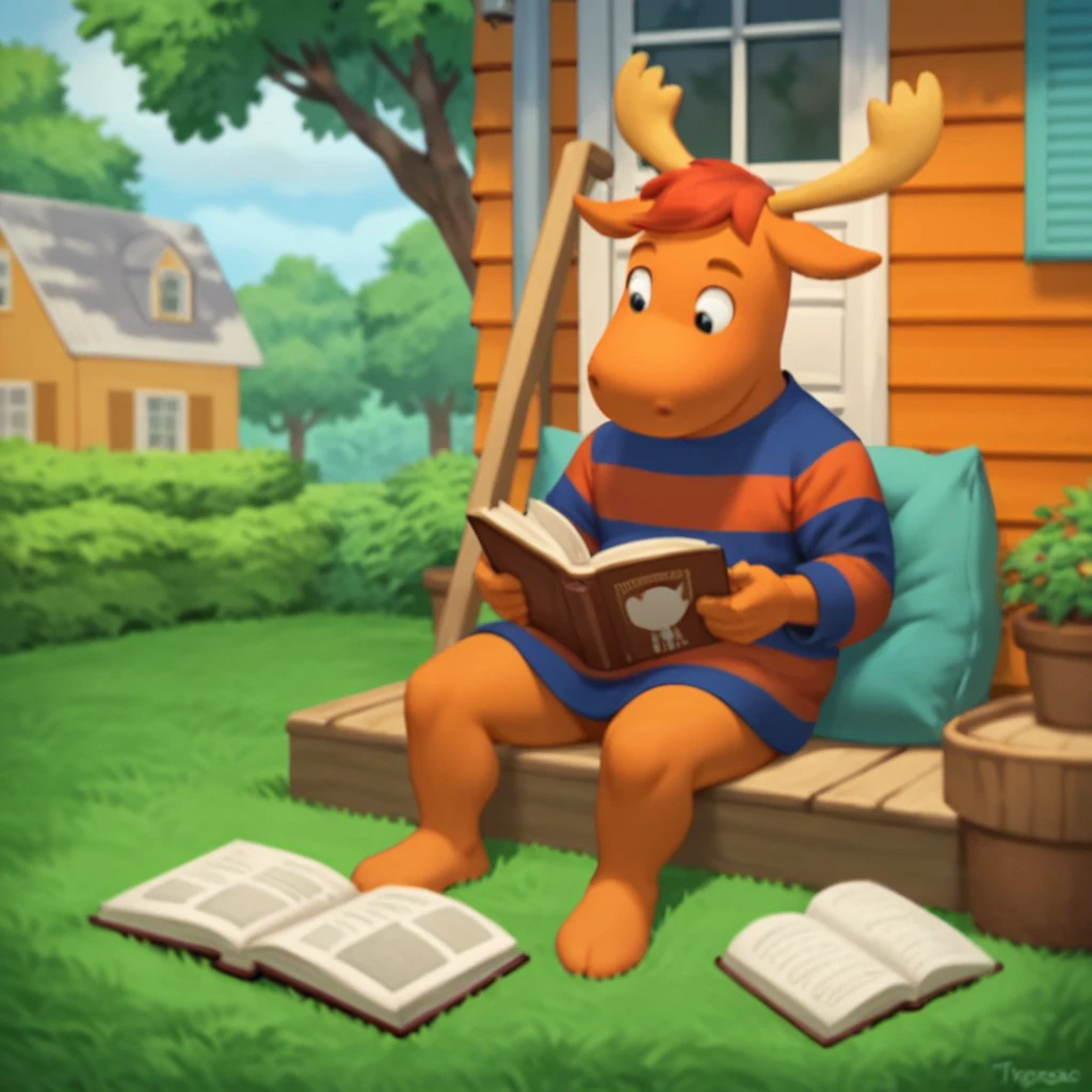 score_9, score_8_up, score_7_up, score_6_up, score_5_up, score_4_up, source_furry, tyronemoose, anthro, moose, male, orange skin, red hair, outside, striped shirt, full body, sitting, reading a book, <lora:d4c9b614-5f04-4ac3-a30e-707e590b92c0:0.7>